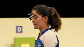 India's Manu Bhaker competes in the 10m air pistol mixed team bronze medal match at the 2024 Paris Olympics. AP