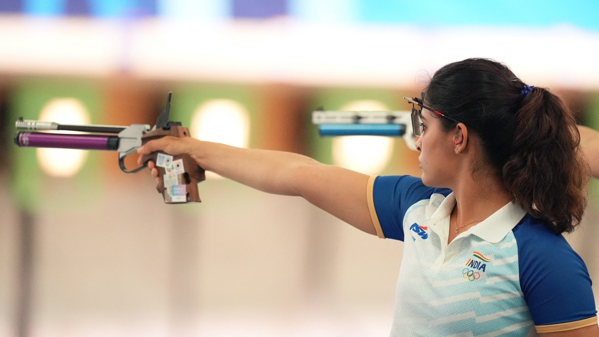 Manu Bhaker in action at the 2024 Paris Olympics. Reuters Manu Bhaker in action at the 2024 Paris Olympics. Reuters