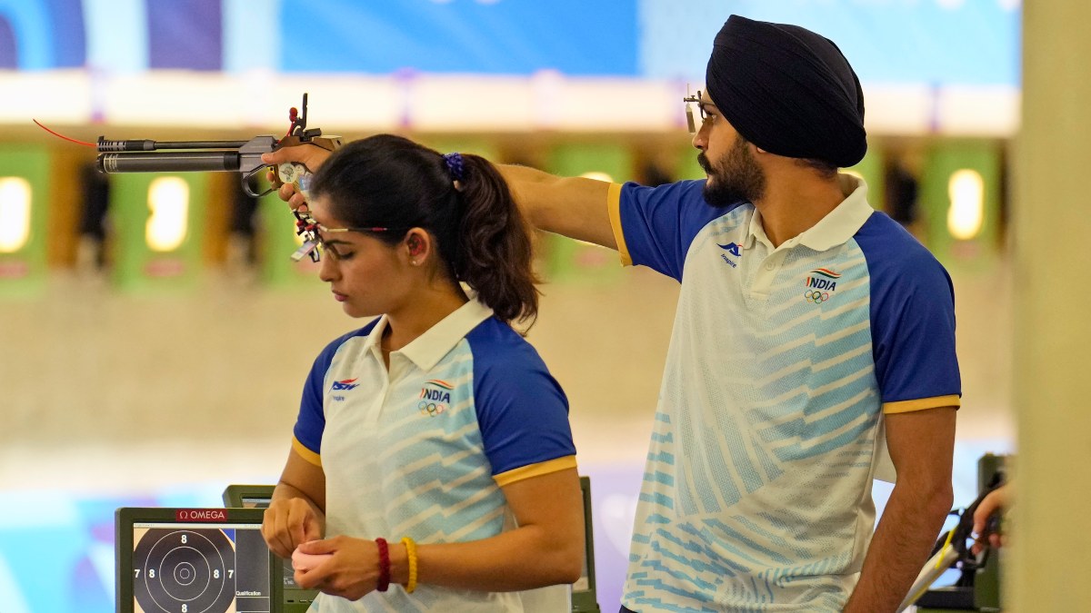 India's Manu Bhaker and Sarabjot Singh (right) in action during the 10m air rifle mixed team qualifying round in the Paris Olympics. AP India's Manu Bhaker and Sarabjot Singh (right) in action during the 10m air rifle mixed team qualifying round in the Paris Olympics. AP