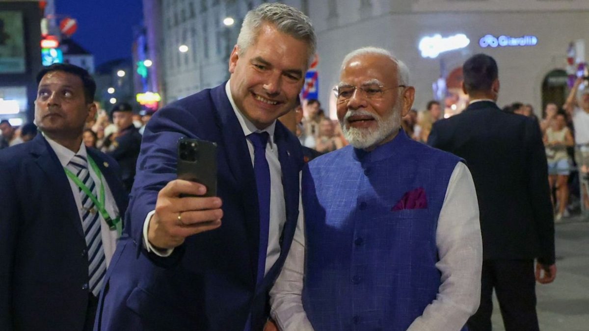 Austrian Chancellor Karl Nehammer clicking selfie with Prime Minister Narendra Modi after his arrival in Vienna on July 9. Source: X/@narendramodi Austrian Chancellor Karl Nehammer clicking selfie with Prime Minister Narendra Modi after his arrival in Vienna on July 9. Source: X/@narendramodi