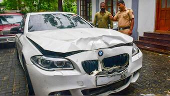 A damaged BMW car, which was allegedly involved in Mumbai hit-and-run accident that killed a woman, parked at Worli Police Station. Source: PTI.