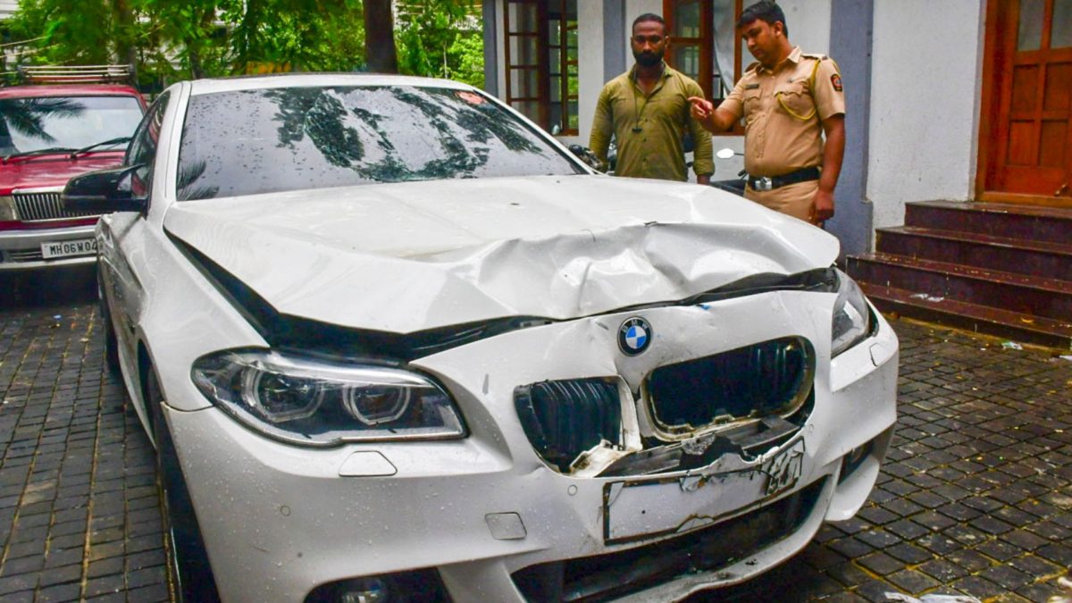 A damaged BMW car, which was allegedly involved in Mumbai hit-and-run accident that killed a woman, parked at Worli Police Station. Source: PTI. A damaged BMW car, which was allegedly involved in Mumbai hit-and-run accident that killed a woman, parked at Worli Police Station. Source: PTI.