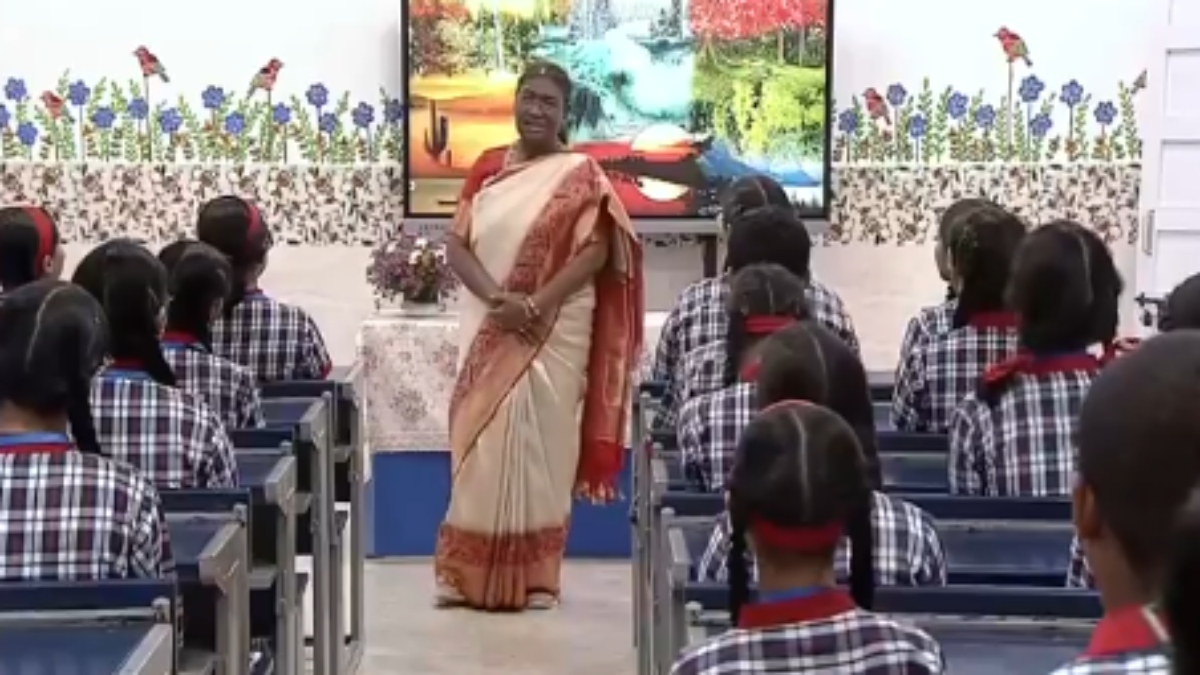 President Droupadi Murmu interacts with Class 9 students of Dr. Rajendra Prasad Kendriya Vidyalaya in the President's Estate on Thursday. ANI President Droupadi Murmu interacts with Class 9 students of Dr. Rajendra Prasad Kendriya Vidyalaya in the President's Estate on Thursday. ANI