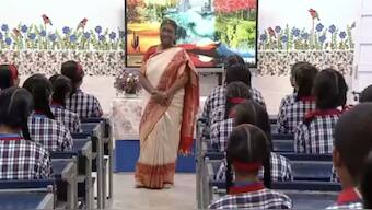 President Droupadi Murmu interacts with Class 9 students of Dr. Rajendra Prasad Kendriya Vidyalaya in the President's Estate on Thursday. ANI