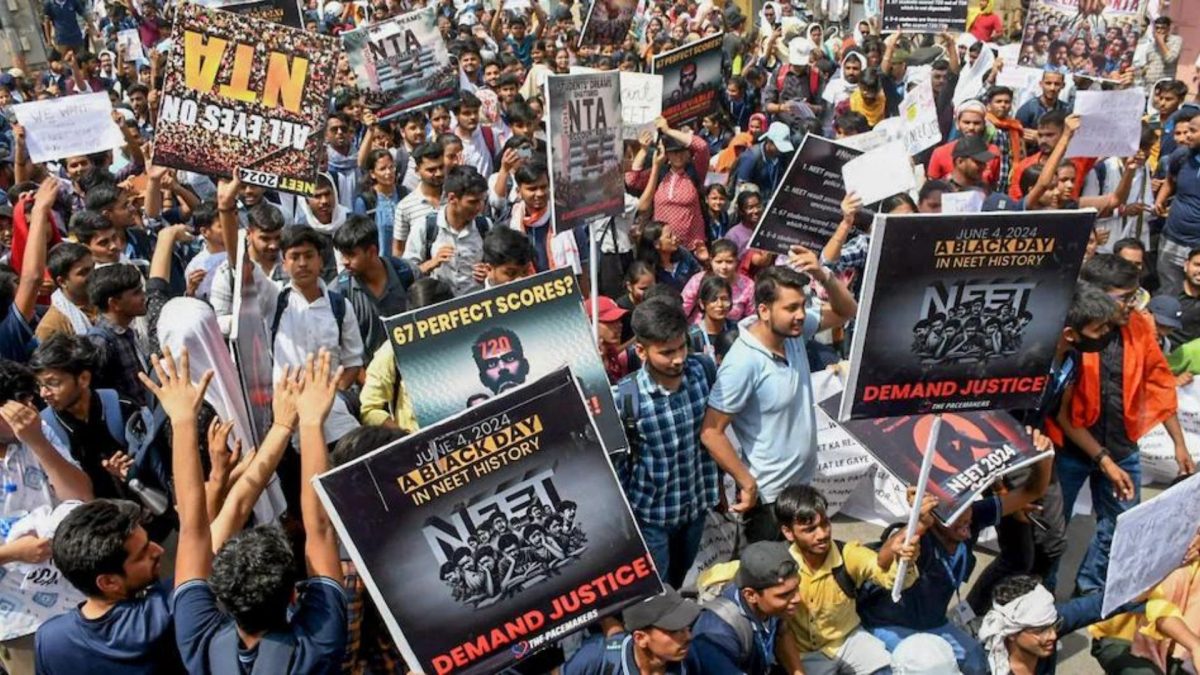 Students staging a protest demanding re-examination of NEET-UG 2024. Source: PTI. Students staging a protest demanding re-examination of NEET-UG 2024. Source: PTI.