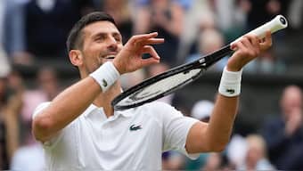 Novak Djokovic reacts after defeating Lorenzo Musetti in their Wimbledon semi-final. Djokovic will face Carlos Alcaraz in the title match on Sunday. AP