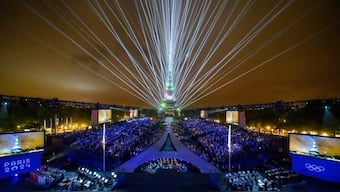 A view of the Trocadero venue with the Eiffel Tower in the background during the opening ceremony of the 2024 Paris Olympics. AP