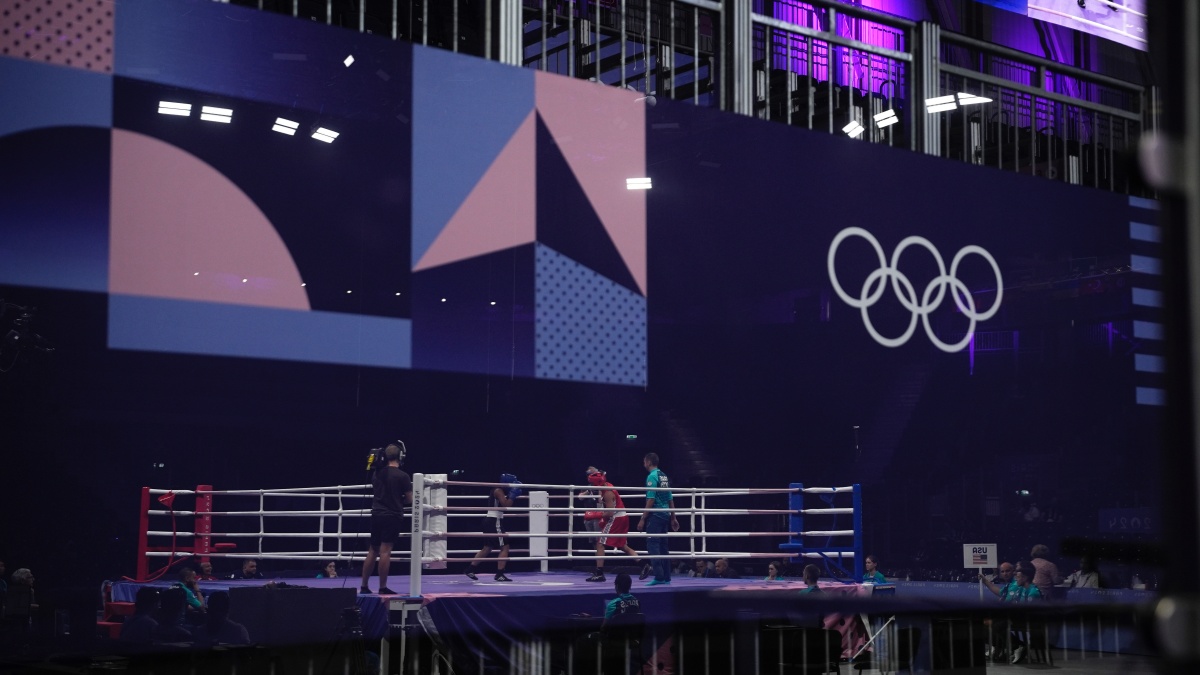 Boxers are seen in the ring during rehearsals ahead of the boxing event at the 2024 Summer Olympics in Paris. AP Boxers are seen in the ring during rehearsals ahead of the boxing event at the 2024 Summer Olympics in Paris. AP