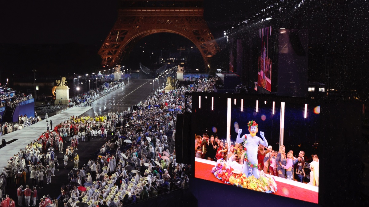 French singer Philippe Katerine performing on a giant screen during the Paris Olympics opening ceremony. AP French singer Philippe Katerine performing on a giant screen during the Paris Olympics opening ceremony. AP