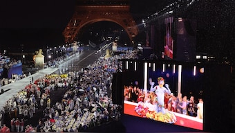 French singer Philippe Katerine performing on a giant screen during the Paris Olympics opening ceremony. AP