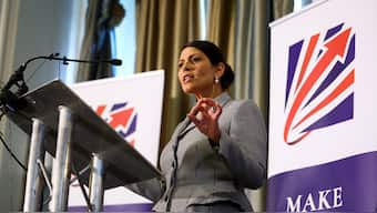 (File) Priti Patel speaks on stage at the Britain's Conservative Party's annual conference in Manchester, Britain, October 2, 2023. Reuters