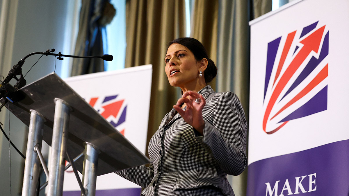 (File) Priti Patel speaks on stage at the Britain's Conservative Party's annual conference in Manchester, Britain, October 2, 2023. Reuters (File) Priti Patel speaks on stage at the Britain's Conservative Party's annual conference in Manchester, Britain, October 2, 2023. Reuters