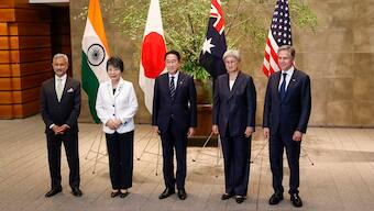Foreign Minister Subrahmanyam Jaishankar, Japanese Foreign Minister Yoko Kamikawa, Japanese Prime Minister Fumio Kishida, Australian Foreign Minister Penny Wong and US Secretary of State Antony Blinken pose for a group photo at the Japan's prime minister office in Tokyo, on 29 July 2024. AP