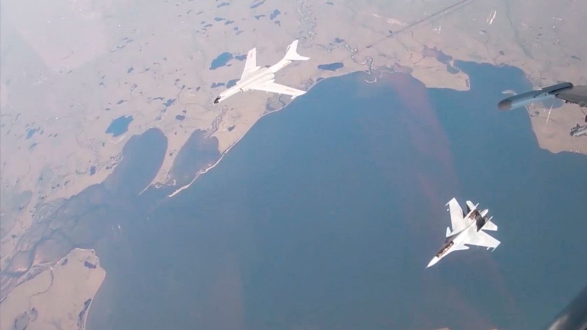 A H-6K bomber of the Chinese People's Liberation Army (PLA) Air Force is accompanied by a Russian Sukhoi Su-30CM jet fighter during joint Russian and Chinese military plane patrols near the US state of Alaska, in this still image from video released July 25, 2024. Russian Defence Ministry via Reuters A H-6K bomber of the Chinese People's Liberation Army (PLA) Air Force is accompanied by a Russian Sukhoi Su-30CM jet fighter during joint Russian and Chinese military plane patrols near the US state of Alaska, in this still image from video released July 25, 2024. Russian Defence Ministry via Reuters