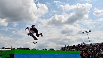 Brazil's Augusto Akio in action during the men's park final at an Olympic Qualifier in Budapest. Reuters