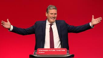 Leader of the British Labour Party Keir Starmer gestures as he arrives to make his keynote speech at the annual party conference in Brighton, England. AP