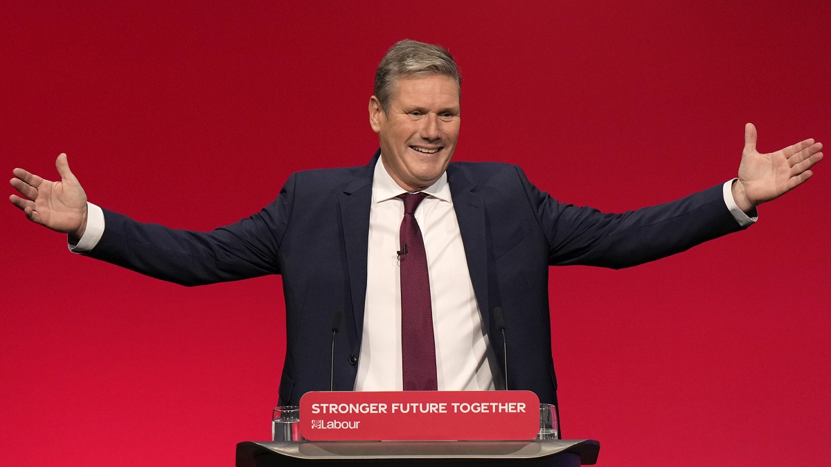 Leader of the British Labour Party Keir Starmer gestures as he arrives to make his keynote speech at the annual party conference in Brighton, England. AP Leader of the British Labour Party Keir Starmer gestures as he arrives to make his keynote speech at the annual party conference in Brighton, England. AP