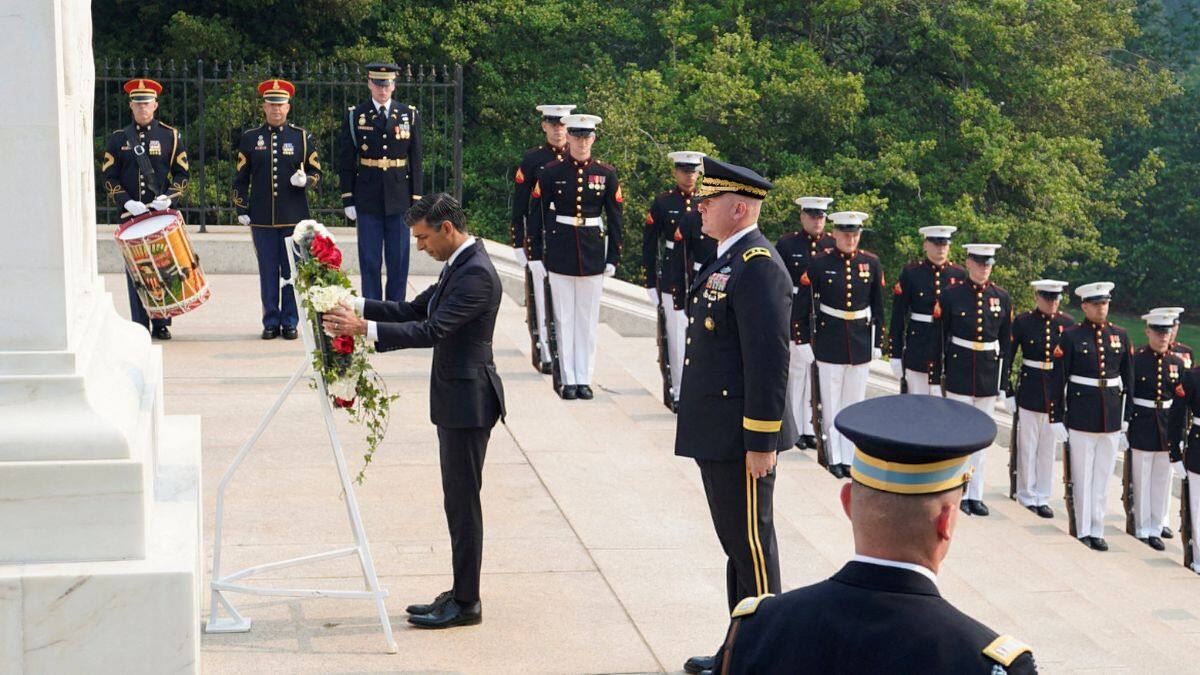 Then-British Prime Minister Rishi Sunak attends a wreath laying ceremony at the Tomb of the Unknown Soldier in Arlington National Cemetery during his visit to Washington DC, US, June 7, 2023. File Image/Reuters