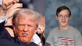 (Left) Republican presidential candidate former US President Donald Trump reacts following an assassination attempt at a campaign event in Butler, US, on July 13, 2024. (Right) This 2021 photo provided by Bethel Park School District shows student Thomas Matthew Crooks who graduated from Bethel Park High School with the Class of 2022, in Bethel Park. AP