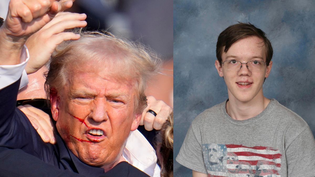 (Left) Republican presidential candidate former US President Donald Trump reacts following an assassination attempt at a campaign event in Butler, US, on July 13, 2024. (Right) This 2021 photo provided by Bethel Park School District shows student Thomas Matthew Crooks who graduated from Bethel Park High School with the Class of 2022, in Bethel Park. AP (Left) Republican presidential candidate former US President Donald Trump reacts following an assassination attempt at a campaign event in Butler, US, on July 13, 2024. (Right) This 2021 photo provided by Bethel Park School District shows student Thomas Matthew Crooks who graduated from Bethel Park High School with the Class of 2022, in Bethel Park. AP