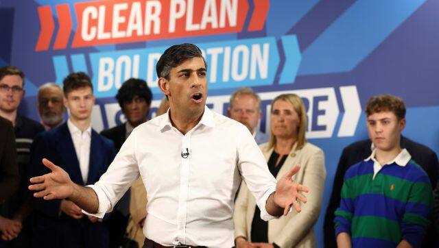 Britain’s Prime Minister and Conservative Party leader Rishi Sunak, delivers a speech as part of a Conservative campaign event in the build-up to the UK general election on July 4 in Leeds, northern England. AP