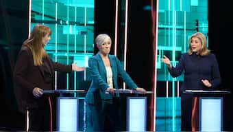 Angela Rayner, deputy leader of the Labour Party, Daisy Cooper, deputy leader of the Liberal Democrats and Penny Mordaunt, leader of the House of Commons, during the ITV Election Debate 2024, in London, UK, June 13, 2024 . File Image/Reuters