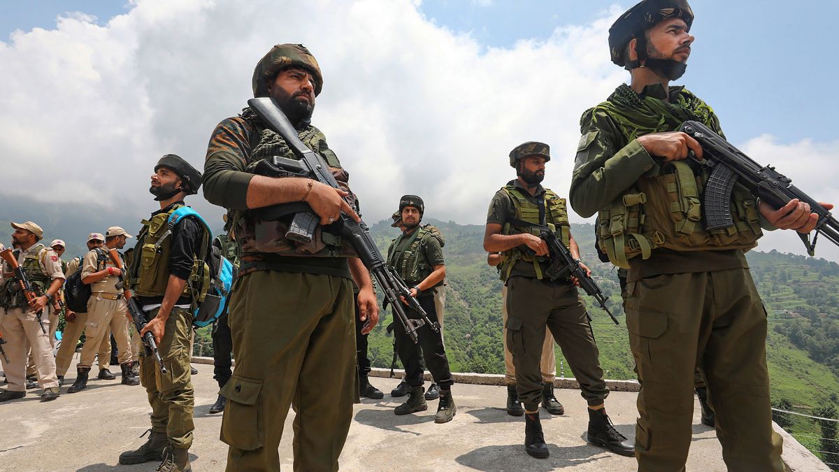 Jammu & Kashmir Police and Special Operation Group (SOG) personnel during a counter-terror operation following a terrorist attack on an Indian Army convoy, in Kathua district, Tuesday, July 9, 2024. At least five Army personnel were killed in the terrorist attack on July 8. PTI Jammu & Kashmir Police and Special Operation Group (SOG) personnel during a counter-terror operation following a terrorist attack on an Indian Army convoy, in Kathua district, Tuesday, July 9, 2024. At least five Army personnel were killed in the terrorist attack on July 8. PTI