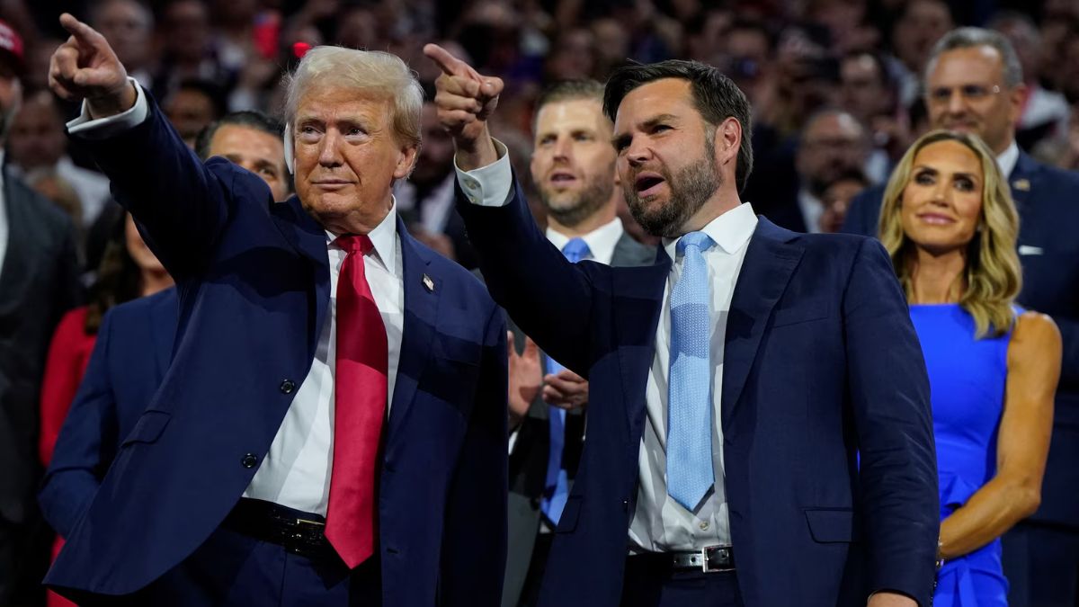 Donald Trump and vice presidential nominee J.D. Vance gesture during Day 1 of the RNC in Milwaukee, July 15. REUTERS Donald Trump and vice presidential nominee J.D. Vance gesture during Day 1 of the RNC in Milwaukee, July 15. REUTERS
