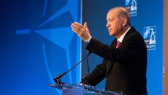 Turkish President Recep Tayyip Erdogan speaks during a press conference on the sidelines of the NATO 75th anniversary summit at the Walter E. Washington Convention Center in Washington, DC, July 11, 2024. AFP