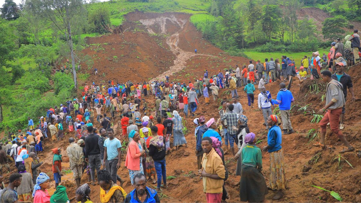 In this handout photo released by Gofa Zone Government Communication Affairs Department, hundreds of people gather at the site of a mudslide in the Kencho Shacha Gozdi district, Gofa Zone, southern Ethiopia, Monday, July 22, 2024. AP In this handout photo released by Gofa Zone Government Communication Affairs Department, hundreds of people gather at the site of a mudslide in the Kencho Shacha Gozdi district, Gofa Zone, southern Ethiopia, Monday, July 22, 2024. AP