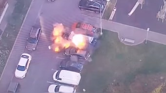 A moment of a car blast that reportedly injured an officer from Russia's GRU military intelligence is captured, in Moscow, Russia July 24, 2024 in this picture obtained by Reuters from a social media video. 