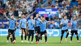 Uruguay players celebrate after beating Canada on penalties to finish third in the Copa America. AP