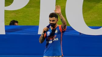 Virat Kohli speaks during a felicitation ceremony organised by the BCCI for the Indian team at the Wankhede Stadium following their triumph in the recently-concluded T20 World Cup. AP
