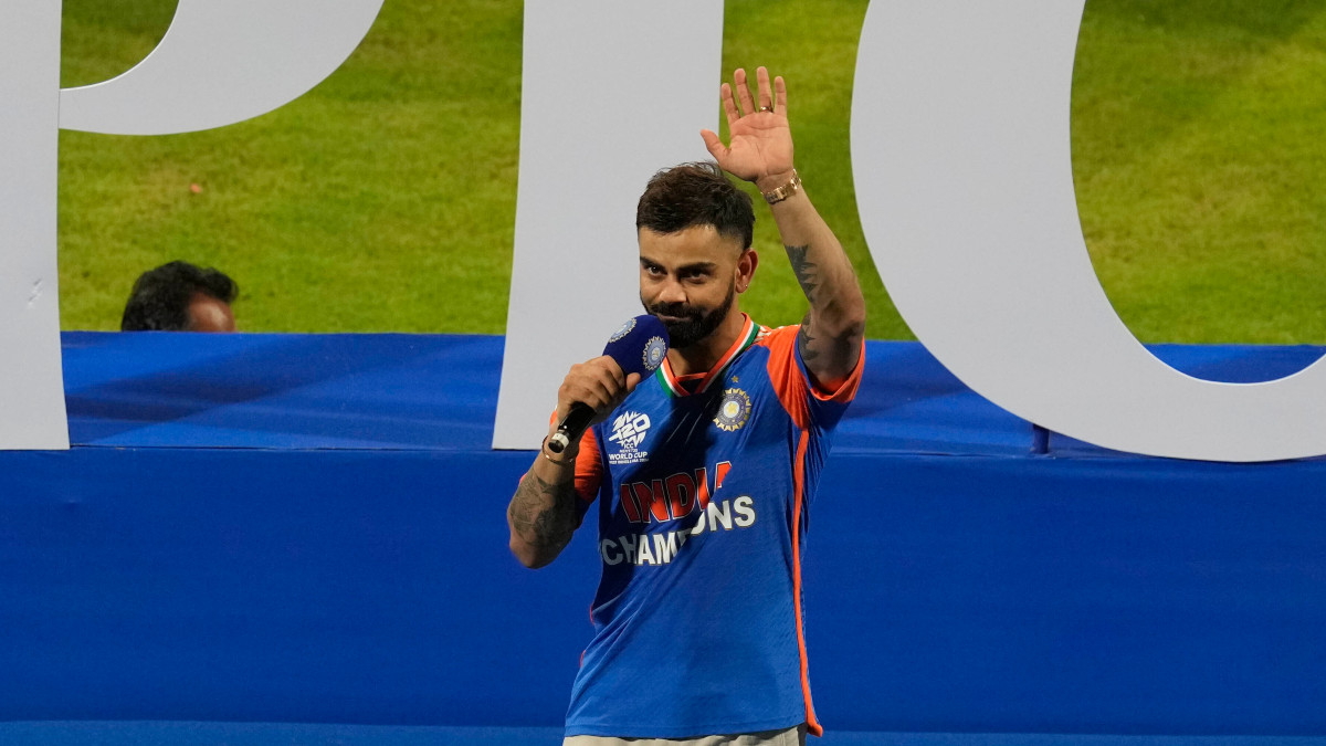 Virat Kohli speaks during a felicitation ceremony organised by the BCCI for the Indian team at the Wankhede Stadium following their triumph in the recently-concluded T20 World Cup. AP Virat Kohli speaks during a felicitation ceremony organised by the BCCI for the Indian team at the Wankhede Stadium following their triumph in the recently-concluded T20 World Cup. AP