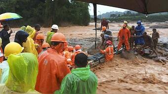 NDRF personnel conduct rescue operation in Wayanad district of Kerala after landslides on Tuesday. Source: PTI. 