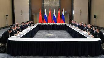 Members of the delegations, led by Russian President Vladimir Putin and Chinese President Xi Jinping, hold talks on the sidelines of the Shanghai Cooperation Organisation (SCO) summit in Astana, Kazakhstan July 3, 2024. Reuters