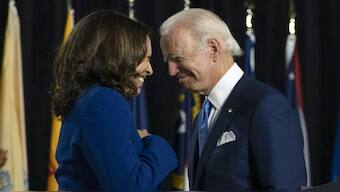 Joe Biden and  Kamala Harris during a campaign event in Wilmington, Delaware, in August 2020. Harris  is the favourite so far to replace Biden as the Democratic nominee. File photo/AP