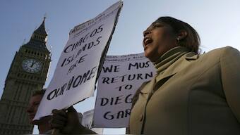 A demonstrator demanding her return to the Chagos Islands in the Diego Garcia archipelago shouts during a protest outside the Houses of Parliament in London, 2008. Reuters