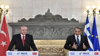 Greece’s Prime Minister Kyriakos Mitsotakis, right, makes statements with Turkey’s President Recep Tayyip Erdogan after their meeting at Maximos Mansion in Athens, Greece, Thursday, Dec. 7, 2023. File Image / AP