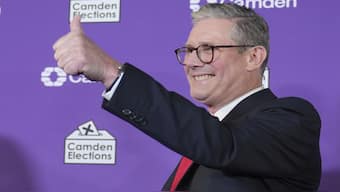 Britain's Labour Party leader Keir Starmer gives a thumbs up to his supporters after he was elected for the Holborn and St Pancras constituency, in London. Starmer has vowed to stamp out anti-Hindu hate from the UK. AP