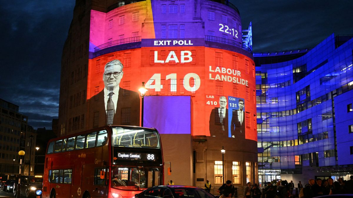 An exit poll predicting the Labour Party led by Keir Starmer will win 410 seats in Britain's general election is projected onto BBC Broadcasting House in London. AFP An exit poll predicting the Labour Party led by Keir Starmer will win 410 seats in Britain's general election is projected onto BBC Broadcasting House in London. AFP