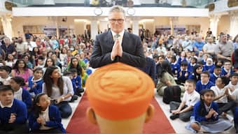 Labour Party leader Keir Starmer during a visit to the Shree Swaminarayan Mandir Hindu temple in Kingsbury, London, while on the general election campaign trail, June 28. He is set to be UK's new prime minister. AP