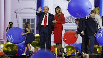 Republican presidential nominee and former US President Donald Trump is joined on stage by wife Melania and other relatives after he finished giving his acceptance speech on Day 4 of the Republican National Convention (RNC), at the Fiserv Forum in Milwaukee, Wisconsin. Reuters