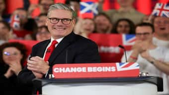 Keir Starmer, leader of Britain's Labour party, reacts as he speaks at a reception to celebrate his win in the election, at Tate Modern, in London, Britain.  A busy 24 hours now await Starmer. Reuters