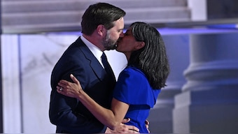 US Senator from Ohio and 2024 Republican vice presidential candidate JD Vance kisses his wife Usha Vance during the third day of the 2024 Republican National Convention at the Fiserv Forum in Milwaukee, Wisconsin. AFP
