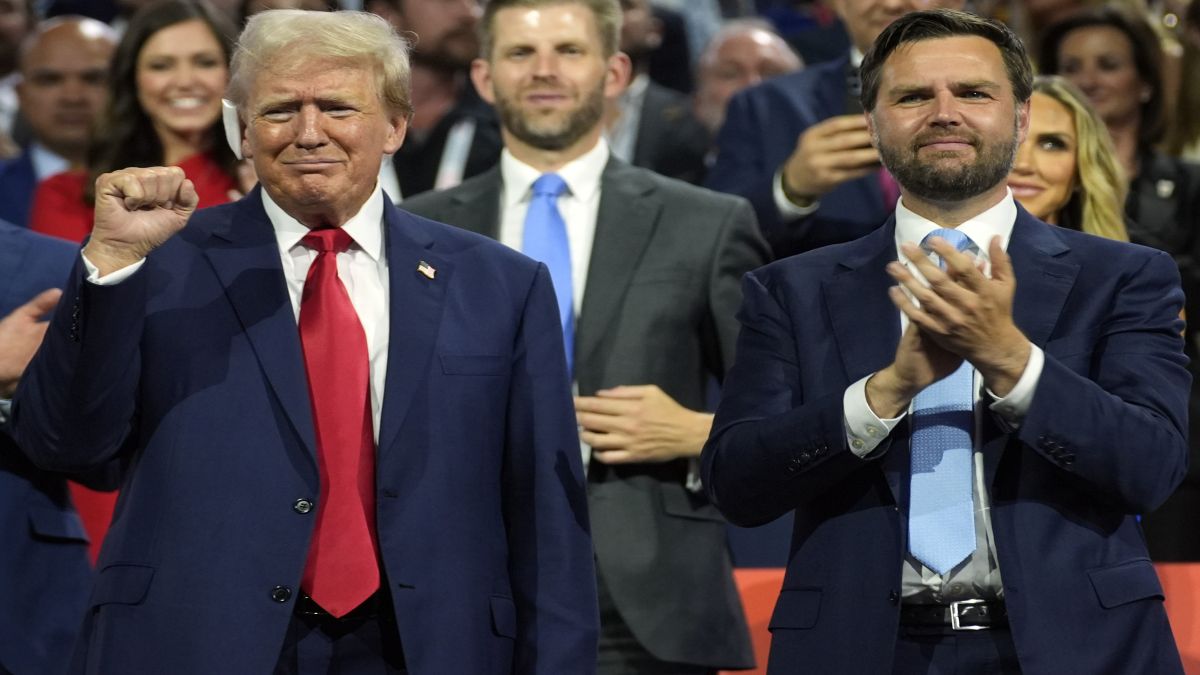 Republican presidential candidate former President Donald Trump and Republican vice presidential candidate Senator JD Vance (right) attend the first day of the Republican National Convention in Milwaukee. If elected, Vance will become the third youngest vice-president in the country. AP Republican presidential candidate former President Donald Trump and Republican vice presidential candidate Senator JD Vance (right) attend the first day of the Republican National Convention in Milwaukee. If elected, Vance will become the third youngest vice-president in the country. AP