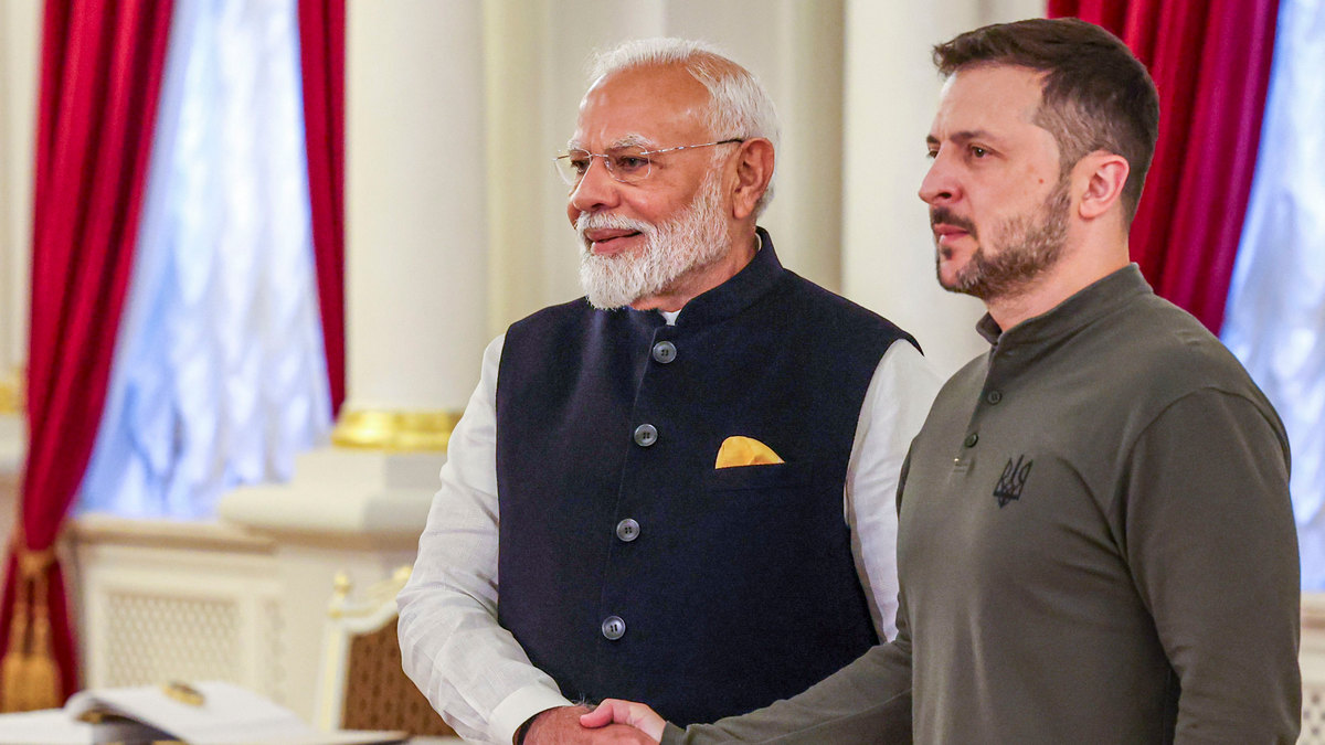 Prime Minister Narendra Modi with Ukrainian President Volodymyr Zelenskyy at the Mariinskyi Palace in Kyiv. PTI Prime Minister Narendra Modi with Ukrainian President Volodymyr Zelenskyy at the Mariinskyi Palace in Kyiv. PTI