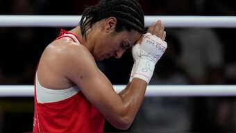 Algeria's Imane Khelif, celebrates after defeating Hungary's Anna Hamori in the women's 66 kg quarter-finals at the Paris Olympics. AP 