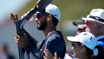 India's Amanjeet Singh Naruka and Maheshwari Chauhan at the skeet mixed team bronze medal match against China at the Paris Olympics on Monday. AP 