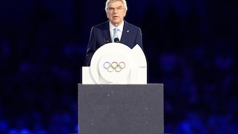 IOC President Thomas Bach addresses the audience during the closing ceremony of the Paris Olympics. AP 